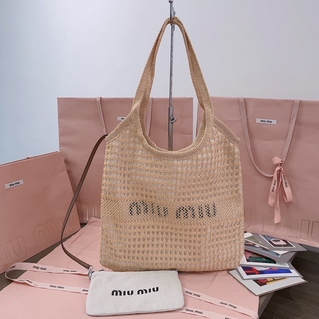Miumiu - IVY raffia-effect and linen bag
