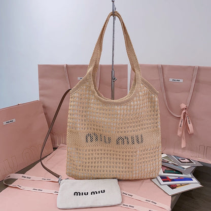 Miumiu - IVY raffia-effect and linen bag