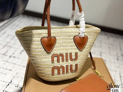 Miu miu - Grand shopping bag en raphia et cuir